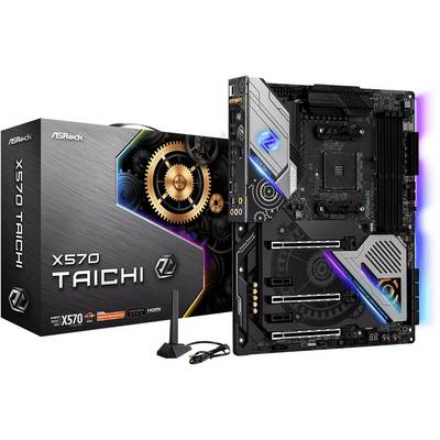 ASRock X570 Taichi motherboard next to its packaging. Black circuit board design with golden gears and RGB lighting, featuring triple PCIe slots.