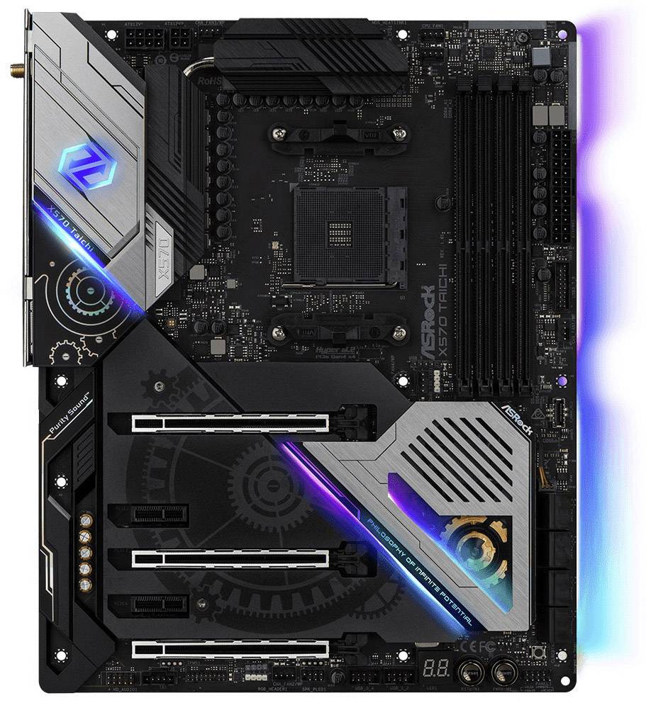 A computer motherboard with RGB lighting, multiple PCIe slots and RAM slots, suitable for gaming and high-performance applications.