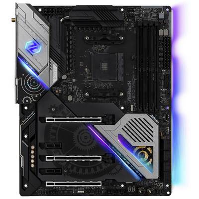 A computer motherboard with RGB lighting, multiple PCIe slots and RAM slots, suitable for gaming and high-performance applications.