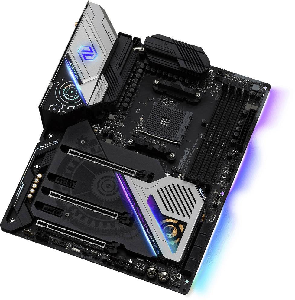 A modern computer motherboard with illuminated RGB elements and multiple expansion slots for components, including RAM and graphics cards.