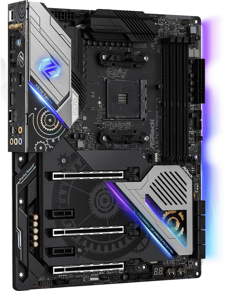 A computer motherboard with multiple PCIe slots, RAM slots, and RGB lighting, suitable for high-performance use.