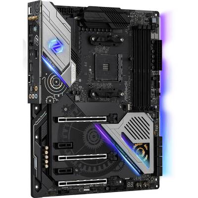 A computer motherboard with multiple PCIe slots, RAM slots, and RGB lighting, suitable for high-performance use.
