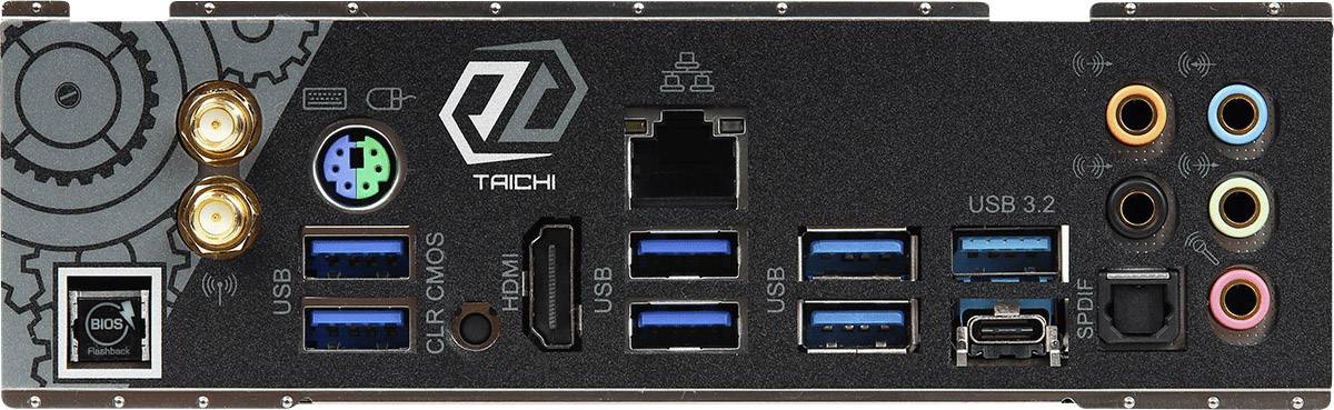 Rear view of a PC motherboard showing various ports: audio, HDMI, USB 3.2, Ethernet, PS/2, and CMOS button, surrounded by a grey design.