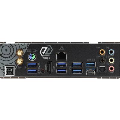 Rear view of a PC motherboard showing various ports: audio, HDMI, USB 3.2, Ethernet, PS/2, and CMOS button, surrounded by a grey design.