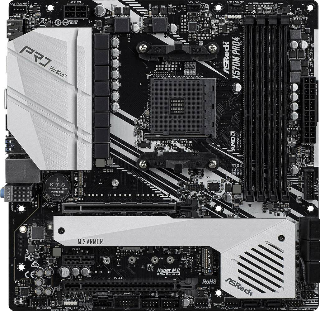 ASRock X570M Pro4 Motherboard PC base AMD AM4 Form factor (details) Micro-ATX Motherboard chipset AMD® X570-3
