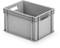 Grey plastic storage box with side handles, stackable, rectangular shape.