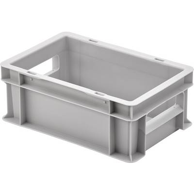 Grey plastic storage crate with an open lid and side handles, suitable for storing or transporting items.