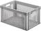 Grey plastic crate with oval openings on the sides and handles on the short ends. Suitable for storage or transportation.