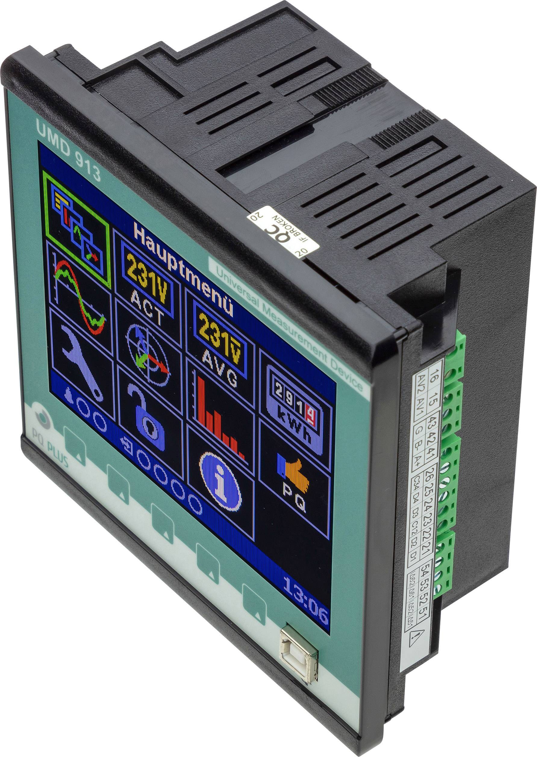 A digital measuring device with a screen displays electrical measurements, including voltage (231V) and a bar graph.