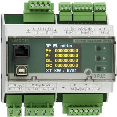 Digital measuring device: '3P Electricity meter', displaying measurement values P+, P-, QL, QC, ∑t kW/kvar. Inputs and sockets visible.