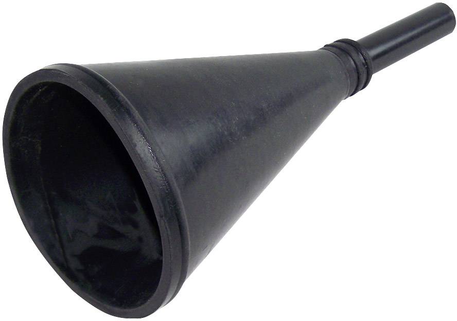 A black plastic funnel with a wide opening, suitable for pouring liquids into narrow containers.