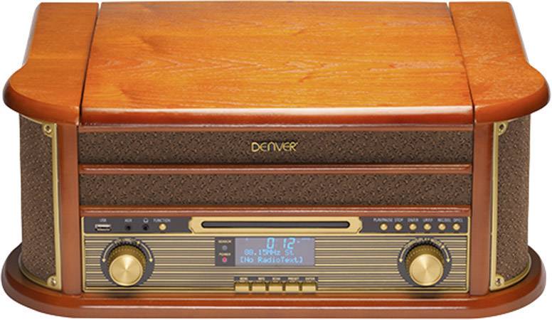 A vintage radio with a wooden cabinet and golden knobs. The display shows station information.