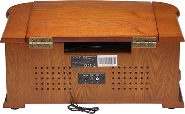 Rear view of a retro wooden record player with ventilation slots and audio connection ports.
