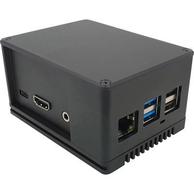 A black enclosure for a mini computer with USB, HDMI, and network ports is shown.