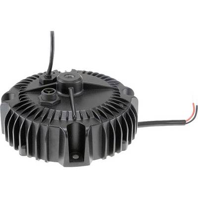 Black, round LED driver with heat sinks and two cables for connection.