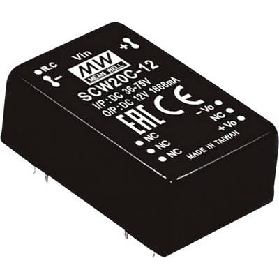 A rectangular, black electronic component, marked with 'Mean Well', model 'SCW20C-12'. Input: DC 36-75V; Output: DC 12V, 1680mA. Made in Taiwan. CE and EAC marks.