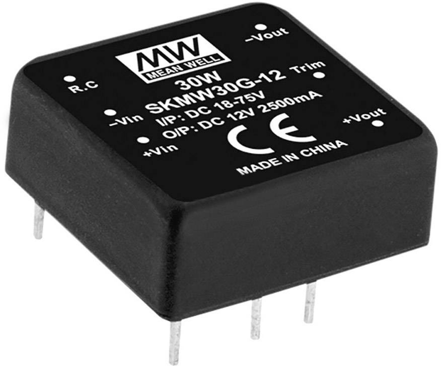 'MEAN WELL SKMW30G-12' DC-DC converter, 30W, Input: 18-75V DC, Output: 12V, 2500mA, Made in China, black rectangular component.