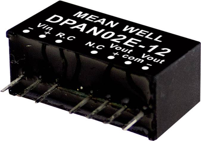 Black electronic component with the inscription MEAN WELL DPAN02E-12. Several metal pins protrude from the underside.'