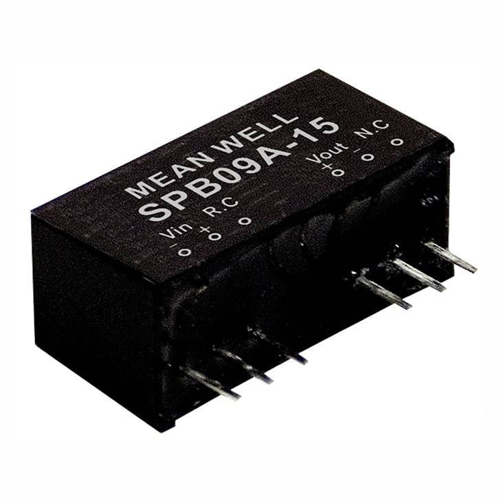 A rectangular black electronic component with the inscription 'MEAN WELL SPB09A-15' and four metal pins on the underside.