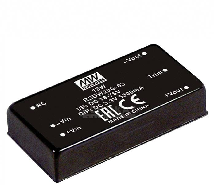 A rectangular electronic component with the inscription '18W RSDW20G-03' and technical specifications, including voltage and current.
