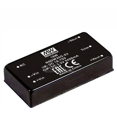 A rectangular electronic DC converter with the label 'RSDW20G-03', 18W, input/output terminals and safety symbols.