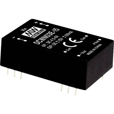 Black electronic component by Mean Well with marking 'DCMW03E-15', input 4.5-9V, output 15V at 100mA, CE marking.