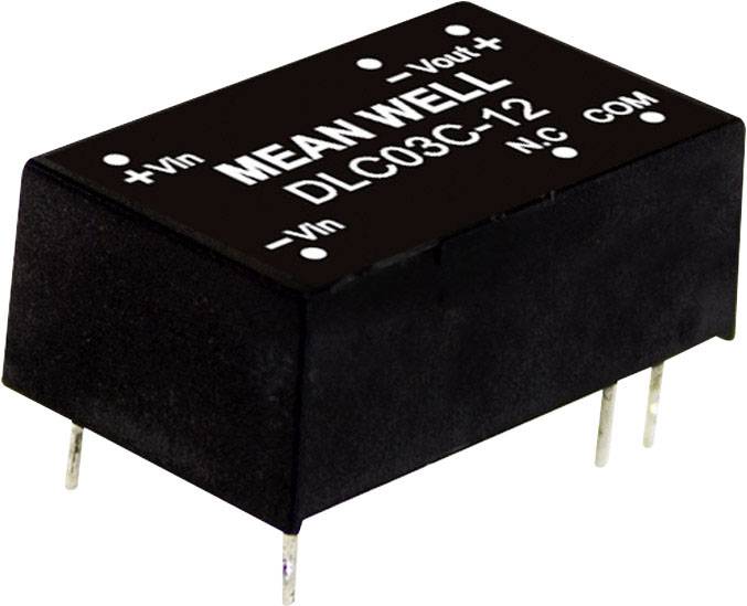 The image shows an electronic component called 'Mean Well DLC03C-12', a converter with labels for input and output on its top surface.