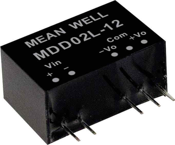 A black electronic component with four metal input/output ports. Label reads: 'MEAN WELL MDD02L-12', marked connections: 'Vin', 'Com', '-Vo', '+Vo'.