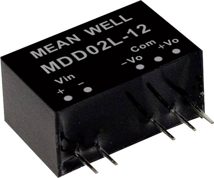 'MEAN WELL MDD02L-12' DC converter module with four connection pins, black housing, inscription shows voltage inputs and outputs.