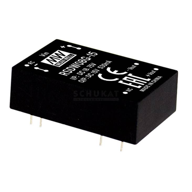 'Black PCB-mountable power module by MEAN WELL with model number RSDI-100G-15'