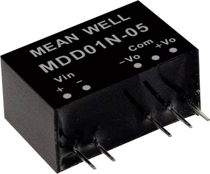 Mean Well voltage converter, model MDD01N-05, with connections for input and output voltage, and a black housing.