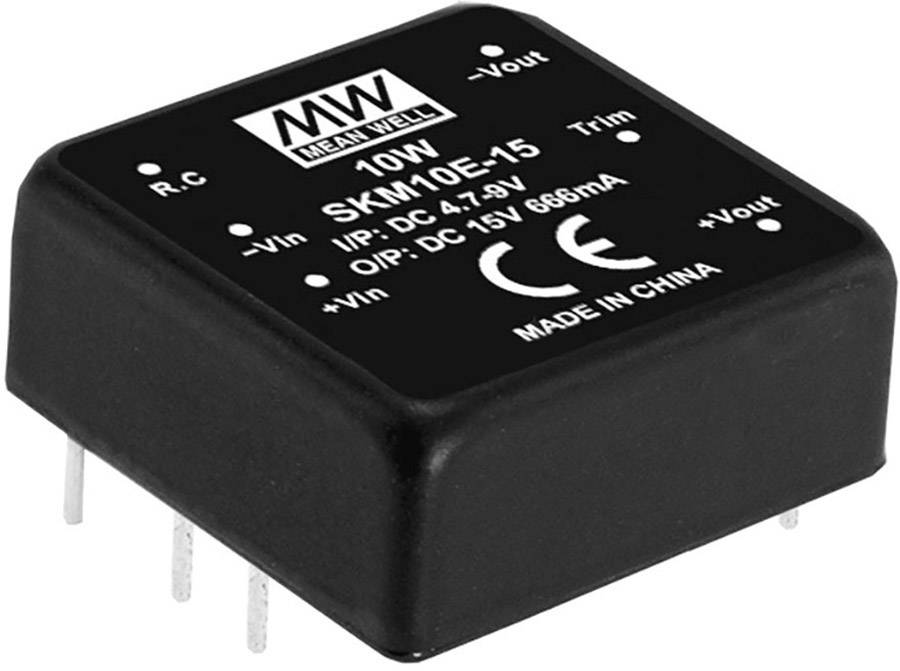 'Black electric component with print: 10W SKM10E-15, Input: DC 4.7-9V, Output: DC 15V, 666mA, manufactured in China.'