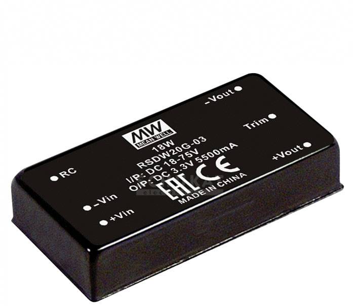 Compact black voltage converter with inscription: 'MEAN WELL, 18W, RSDW20G-03, Input: DC 3-32V, Output: DC 3-3.75V, 5500mA'.