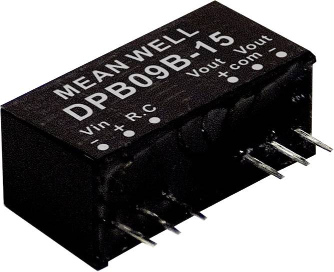 Black plastic case with the inscription 'MEAN WELL DPB09B-15', showing connections for Vin, +RC, Vout, +com. Electronic component.