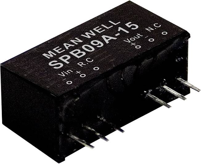 'Black print power supply module with MEAN WELL SPB09A-15 inscription. Four pins visible on the right side for Vin, Vout, RC, NC.'