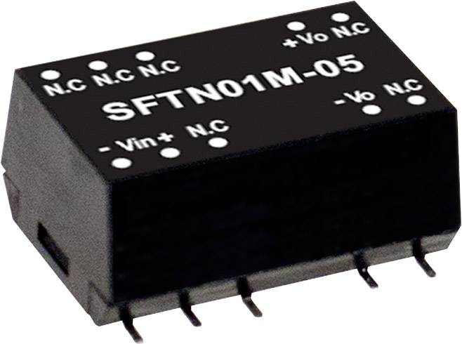 Electronic component labelled SFTN01M-05, showing the connection diagram with the following terminals: -Vin, +Vin, -Vo, +Vo, N.C.