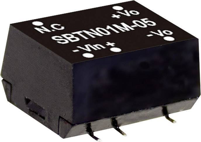 Electronic voltage converter with the inscription 'SBTN01M-05', terminals for input and output, compact black housing.