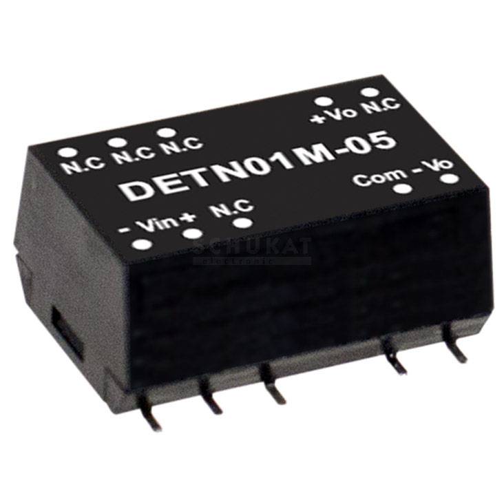 Black electronic component with 'DETN01M-05' printed on it, featuring multiple connections on its underside, used in circuitry.
