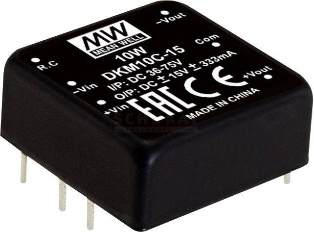 A black electronic component by 'Mean Well', DKM10C-15, 10W. Inputs: 36–75V DC, Outputs: 15V DC, manufactured in China.