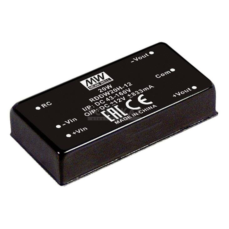 Pictured is a black electronic DC converter with multiple connection terminals, with the model number printed on it.