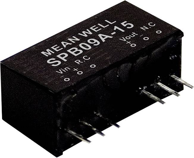 'MEAN WELL SPB09A-15' electrical component with four metal pins, for electronic circuits, showing Vin, Vout and NC connections.