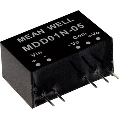 Black electronic component with the inscription 'MEAN WELL MDD01N-05'. Four connection pins on the underside, labelled 'Vin', '-Vo', '+Vo', and 'Com'.