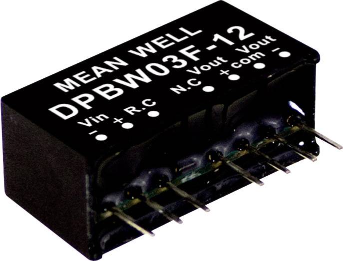 Black electronic component with the inscription 'MEAN WELL DPBW03F-12', showing pins for 'Vin', 'RC', 'NC', '+Vout', '-Vout'.