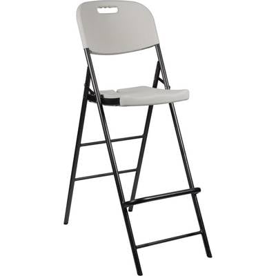 A tall folding chair with a black metal frame and a light grey plastic seat and backrest is standing upright.