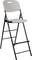 A tall folding chair with a black metal frame and a light grey plastic seat and backrest is standing upright.