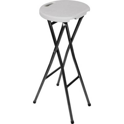Portable, foldable stool with a grey seat and black metal frame. Ideal for camping or providing extra seating.