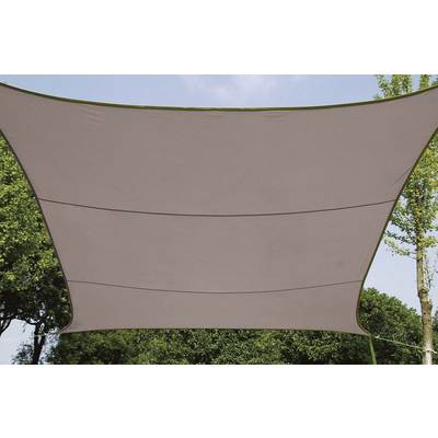 A rectangular fabric sun shade is stretched out, surrounded by green trees and sky, providing shade outdoors.