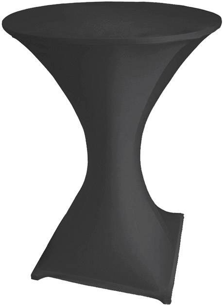 A tall, round poseur table with a black stretch cover, suitable for events or receptions.