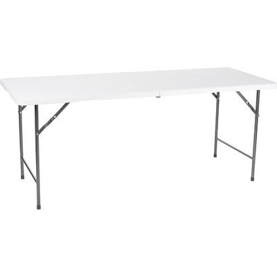A white, rectangular folding table with black metal legs is unfolded.