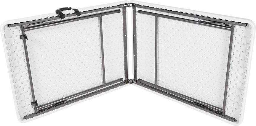 A white folding table folded in the middle, with a black handle at the top edge and a silver metal frame.